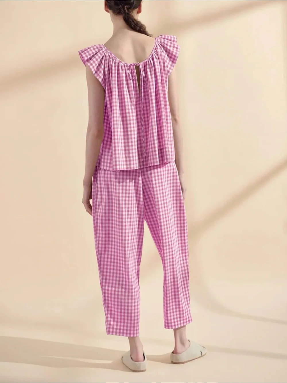 Women's Pink Gingham Ruffle Sleeve Pajama Set